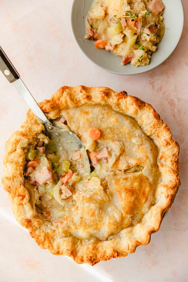 Ham Pot Pie with a spoon in it.